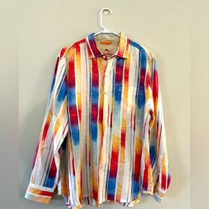 Tommy Bahama Relax Linen Button Front Dress Shirt Casual Stripe Breezer Sunset L